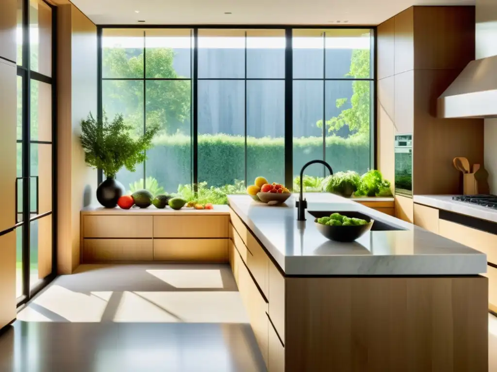 Espacio de cocina minimalista con abundante luz natural, mostrando una encimera de mármol con frutas frescas, verduras vibrantes y hierbas aromáticas