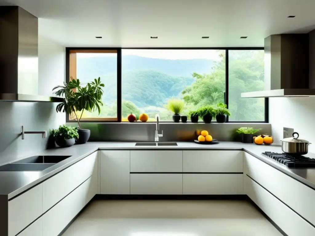 Un espacio de cocina minimalista con electrodomésticos de acero inoxidable organizados según los principios del Feng Shui