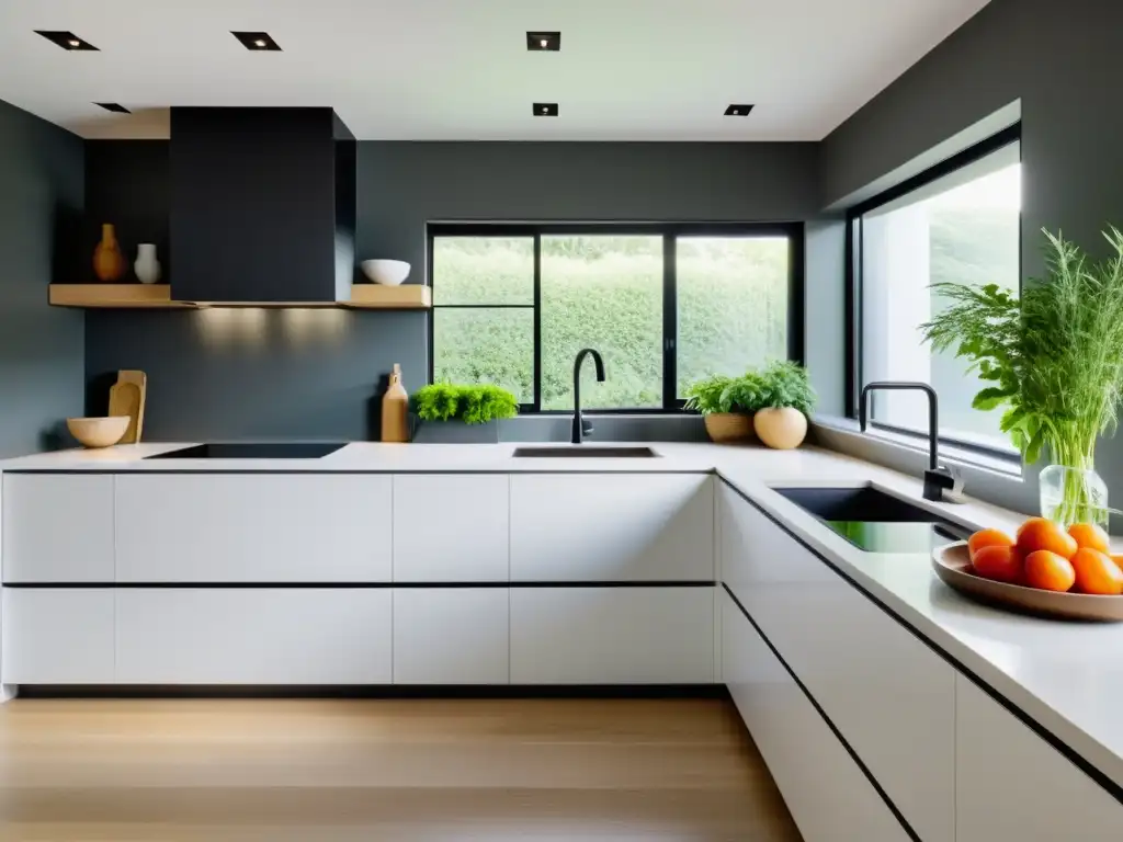 Un espacio de cocina minimalista con elementos de feng shui, incluyendo un jardín de hierbas, planta de bambú y consejos Feng Shui ubicación fregadero