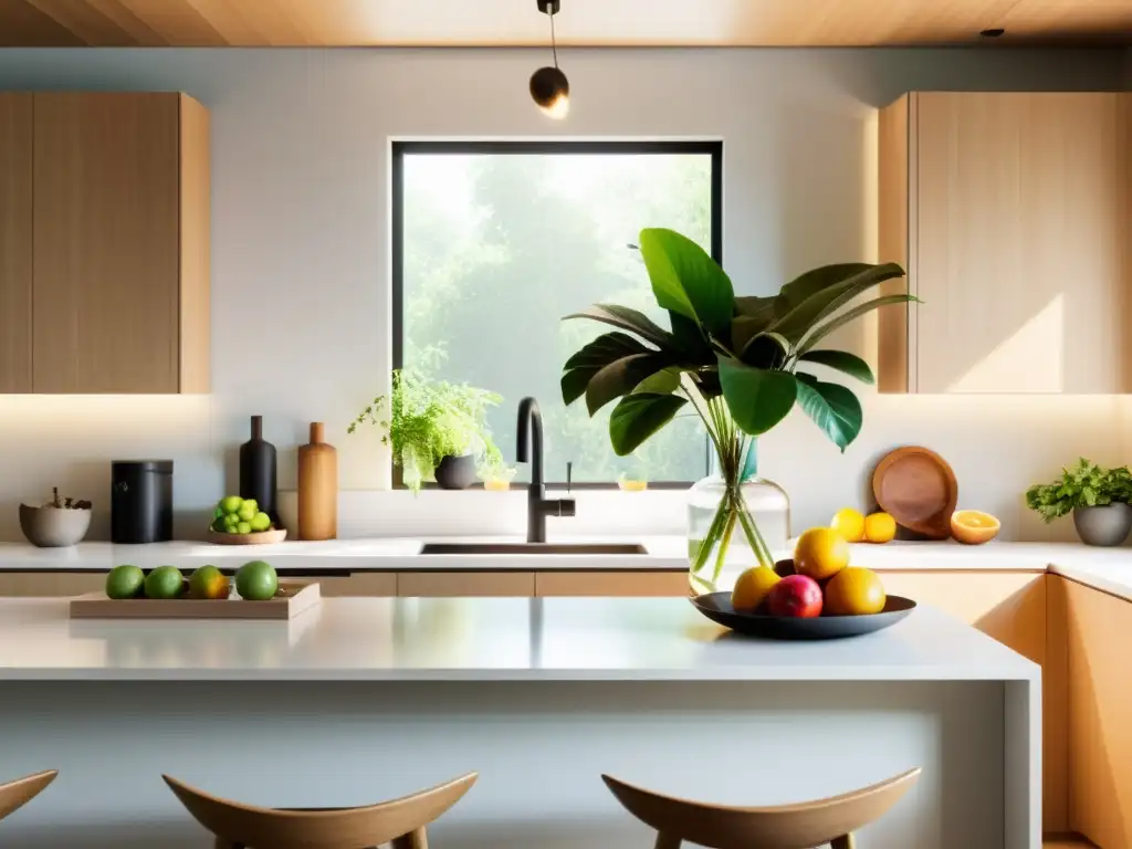 Un espacio de cocina minimalista con encimeras blancas impecables, gabinetes de madera clara y toques de verdor gracias a una pequeña planta en maceta