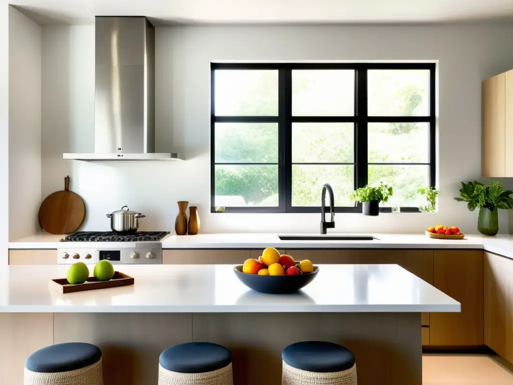 Espacio de cocina minimalista con armonía Feng Shui, luz natural, fruta fresca y elegante decoración