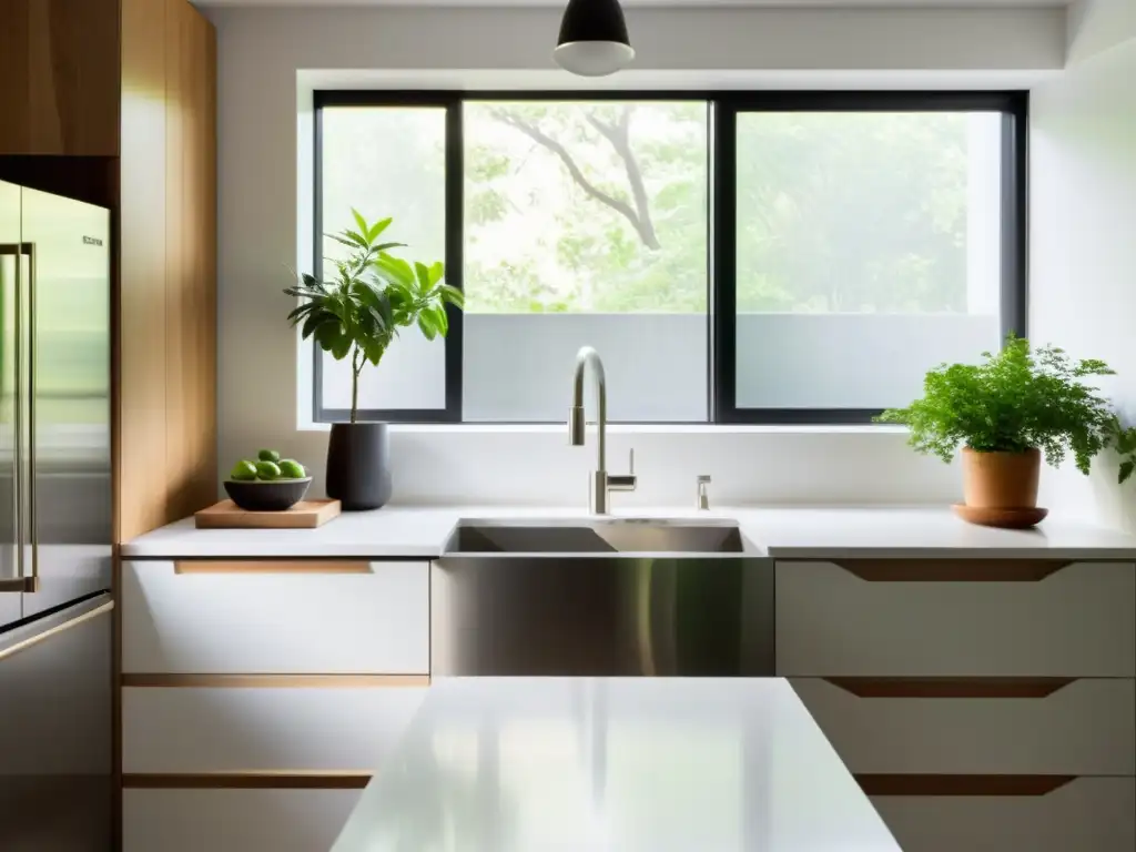 Espacio de cocina minimalista con luz natural, plantas y armonía