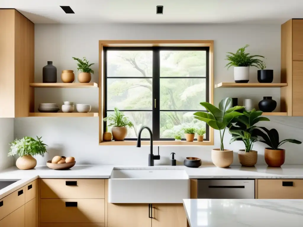 Espacio de cocina sereno y minimalista con toques de Feng Shui