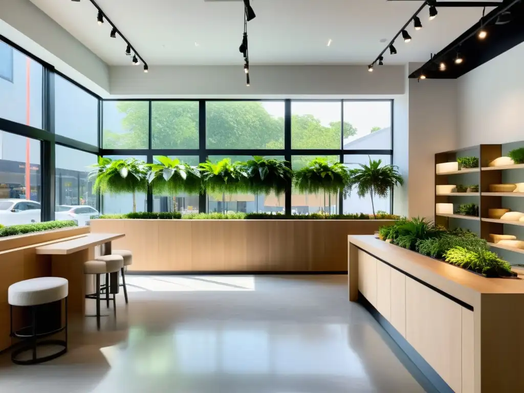 Un espacio comercial amplio y armonioso, con decoración Feng Shui para ampliar espacio comercial, inundado de luz natural y energía positiva