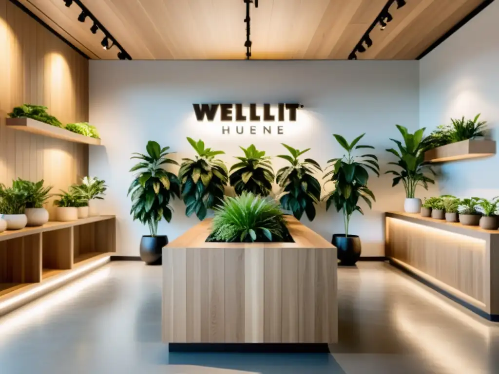 Espacio comercial bien iluminado con plantas y madera natural, creando armonía y tranquilidad, ideal para el impacto del feng shui en tienda