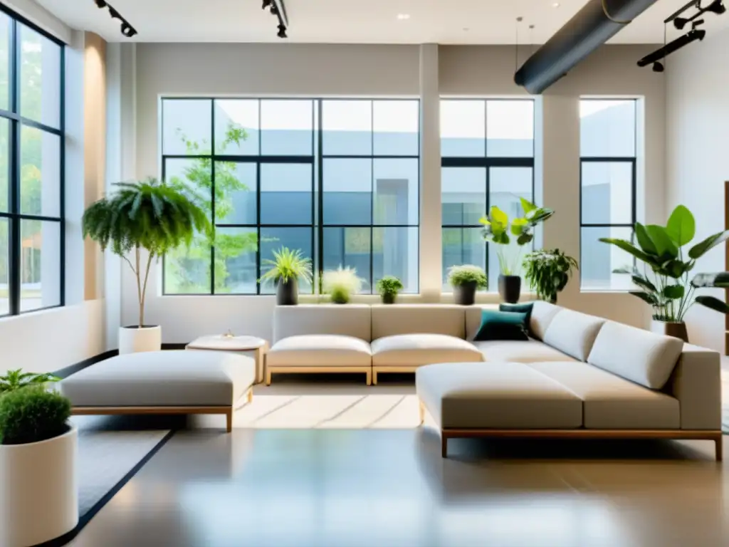 Espacio comercial moderno y minimalista siguiendo principios Feng Shui, con equilibrio y armonía