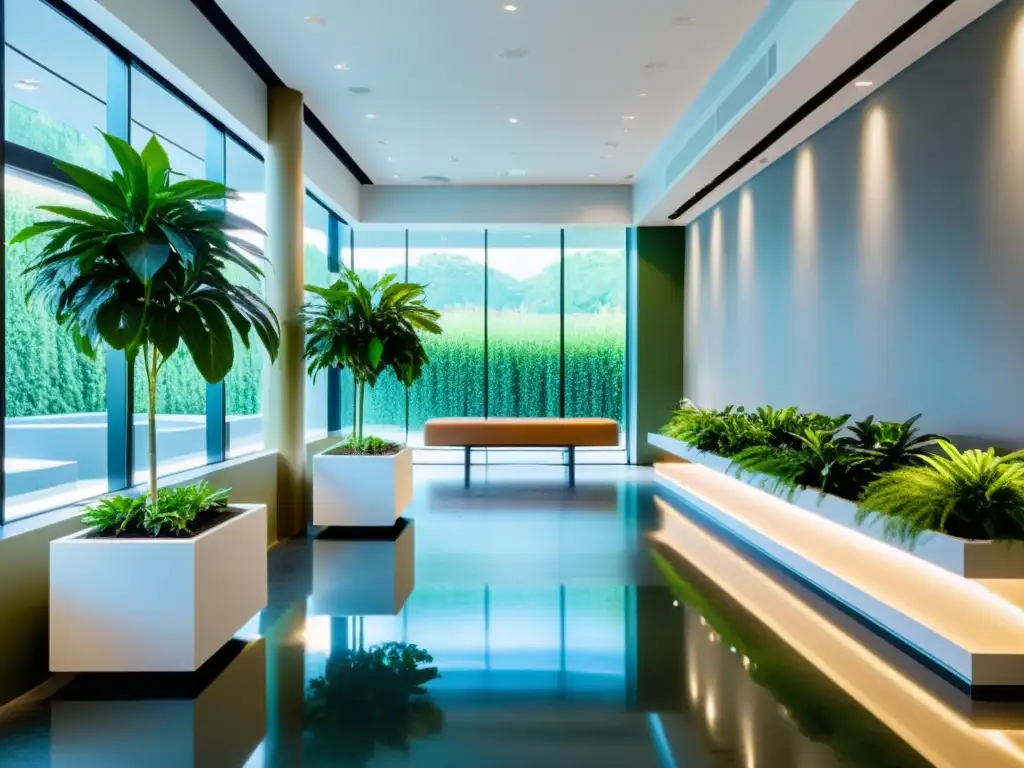 Espacio comercial sereno y minimalista con elementos Feng Shui para ampliar espacio comercial, mobiliario moderno y luz natural abundante