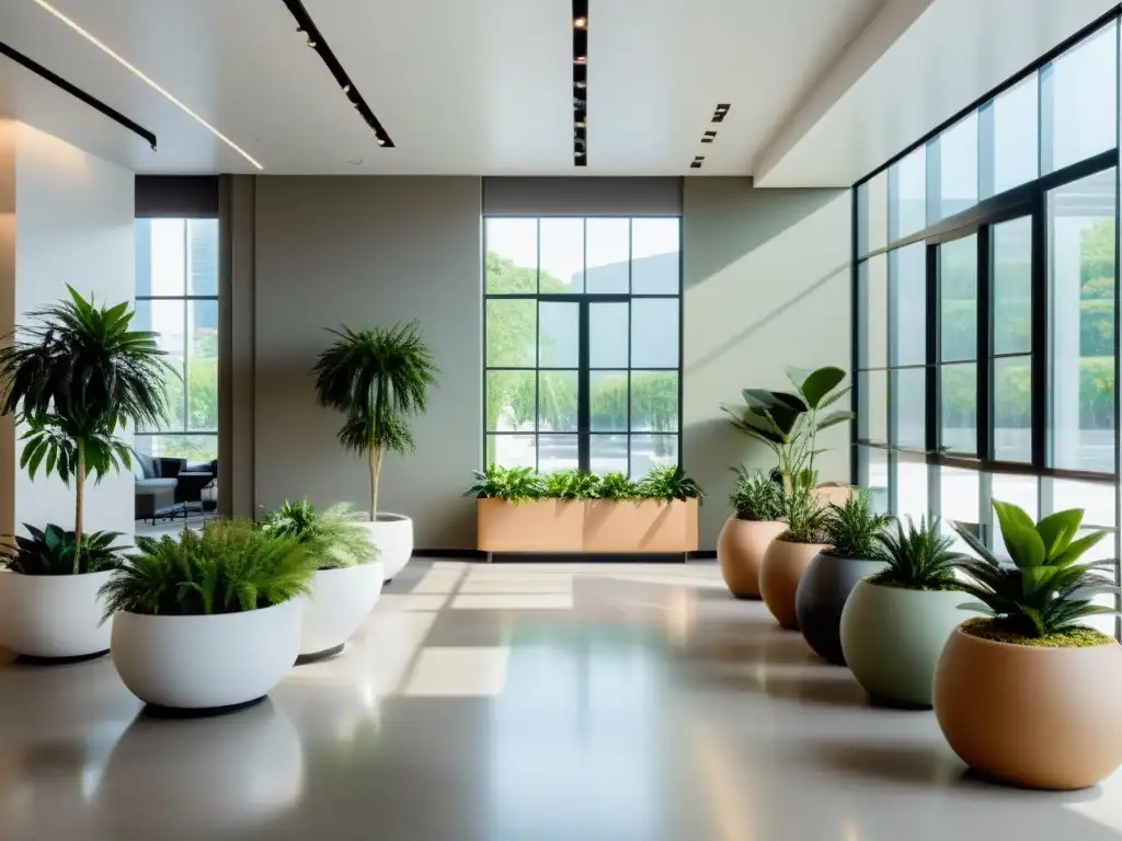 Espacio comercial sereno y minimalista con disposición Feng Shui aumento ventas, ventanales, plantas y mobiliario elegante