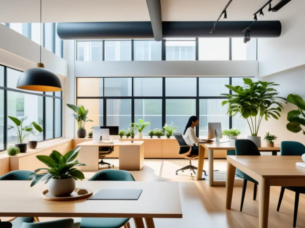 Espacio de coworking con Feng Shui, decorado en tonos neutros, plantas y mobiliario minimalista, mientras un consultor armoniza la energía