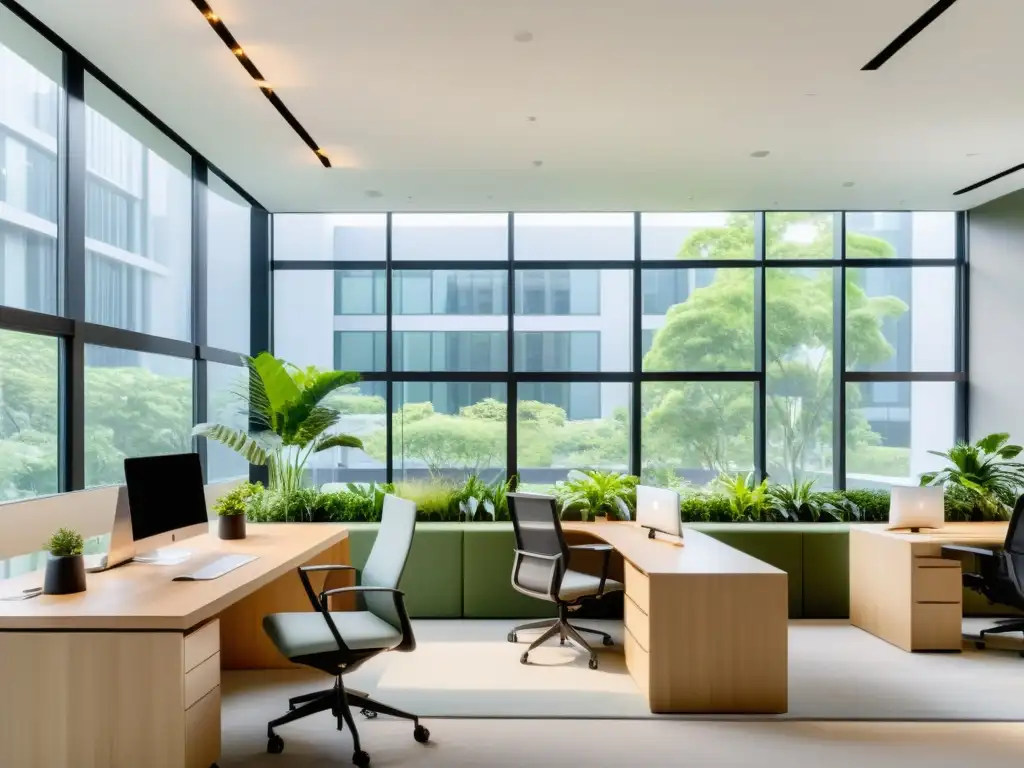 Espacio de coworking con diseño Feng Shui, inundado de luz natural y vistas al jardín, mobiliario minimalista y armonioso