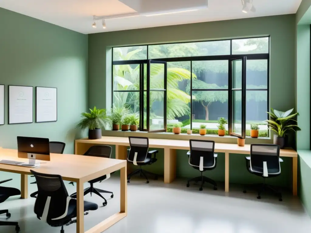 Un espacio de coworking sereno y minimalista con luz natural y armonía, siguiendo los principios de Feng Shui en espacios de coworking