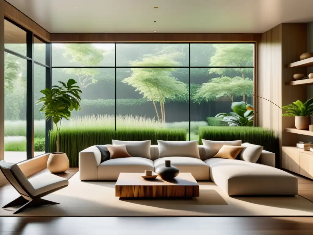 Espacio eco-diseñado con Feng Shui, muebles sostenibles y vista a jardín exuberante