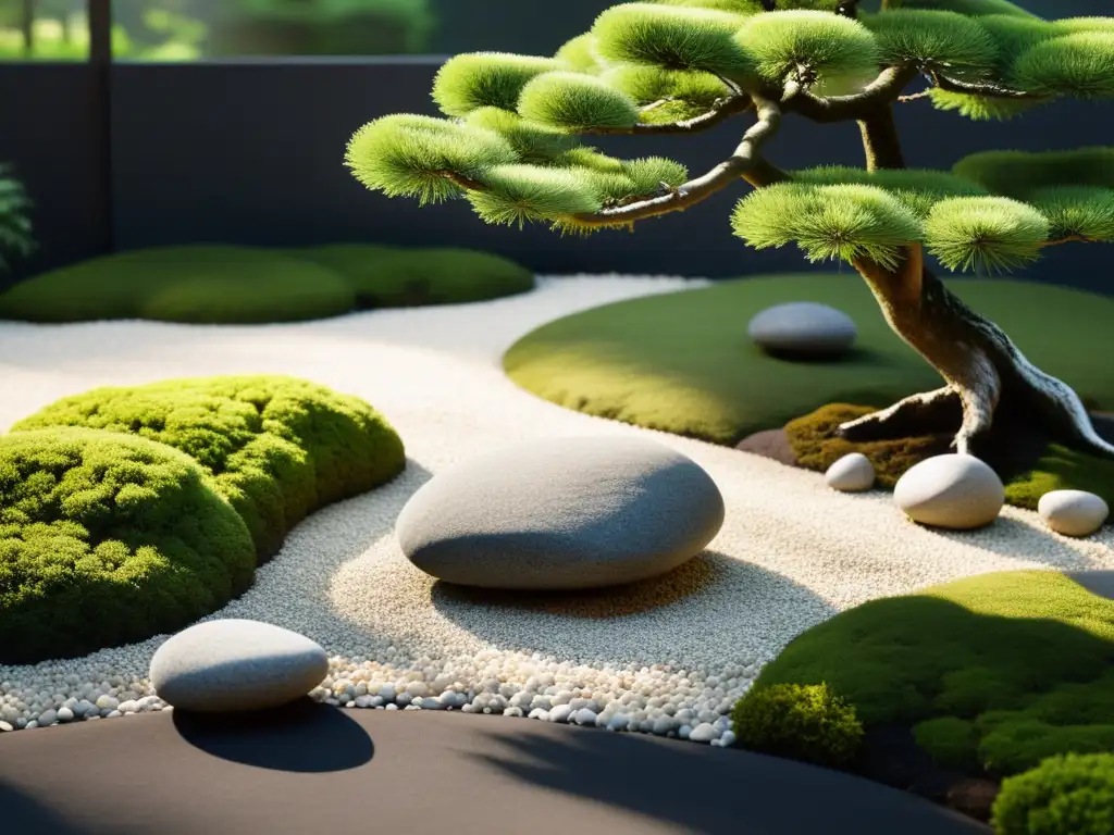 Espacio jardín equilibrado Feng Shui: Jardín de roca japonés sereno con gravilla cuidadosamente rastrillada, musgo y piedras lisas