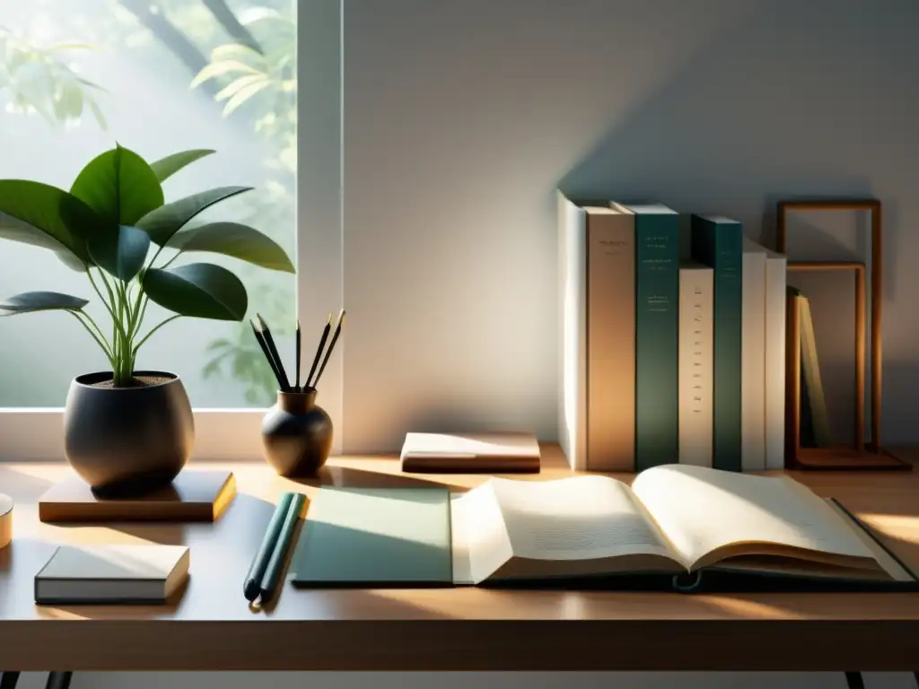 Espacio de escritura sereno con equilibrio y armonía, ideal para escritores que siguen el Feng Shui para escritores