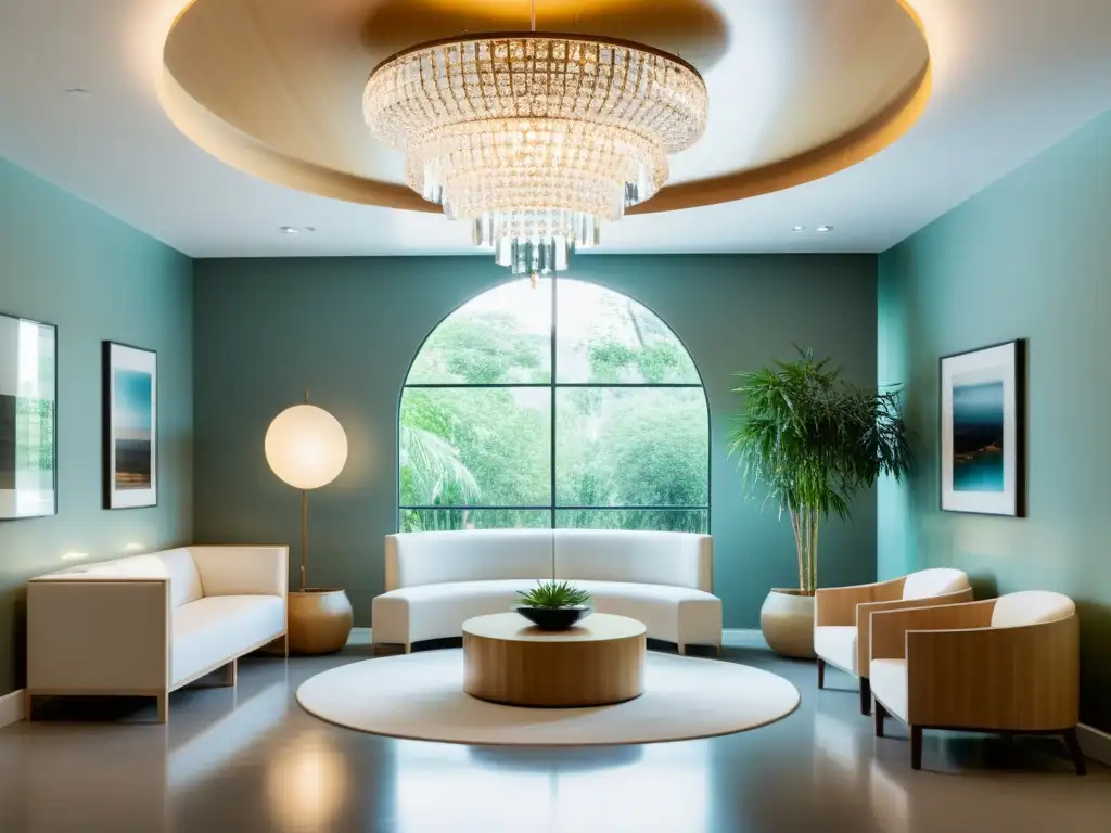 Espacio de espera en clínica de terapias alternativas con Feng Shui, iluminado y tranquilo, con chandelier de cristal y mobiliario minimalista