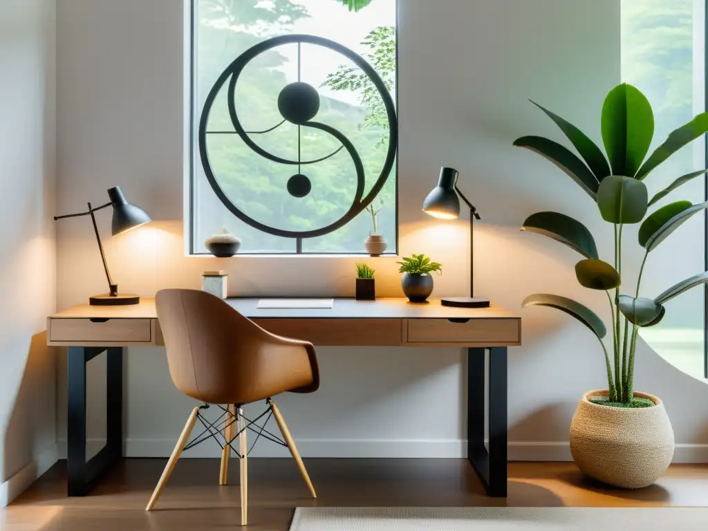 Un espacio de estudio minimalista con elementos Feng Shui para estimular concentración y creatividad