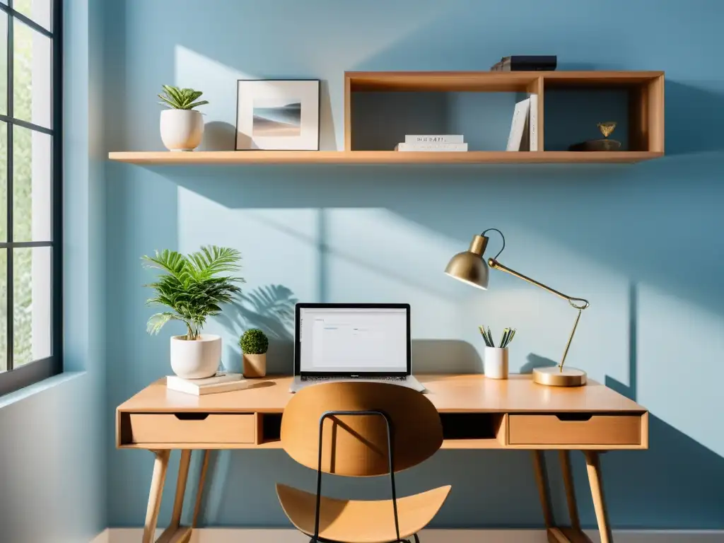 Espacio de estudio minimalista con organización espacios estudio Feng Shui, luz natural, escritorio de madera y estantería limpia