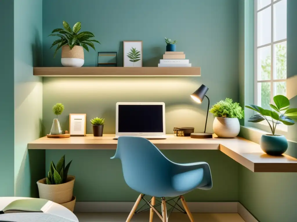 Espacio de estudio minimalista, organizado y armonioso con influencia Feng Shui para favorecer la concentración y la productividad