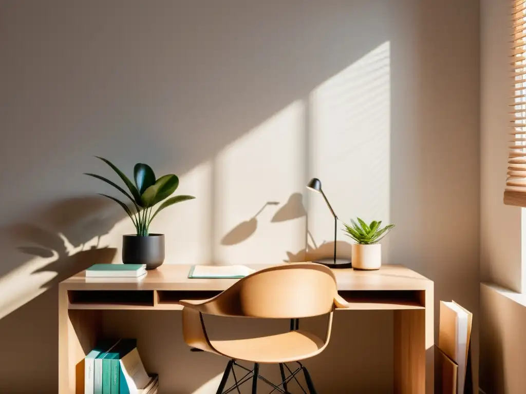 Espacio de estudio organizado con escritorio de madera y decoración minimalista, promoviendo calma y enfoque con Feng Shui