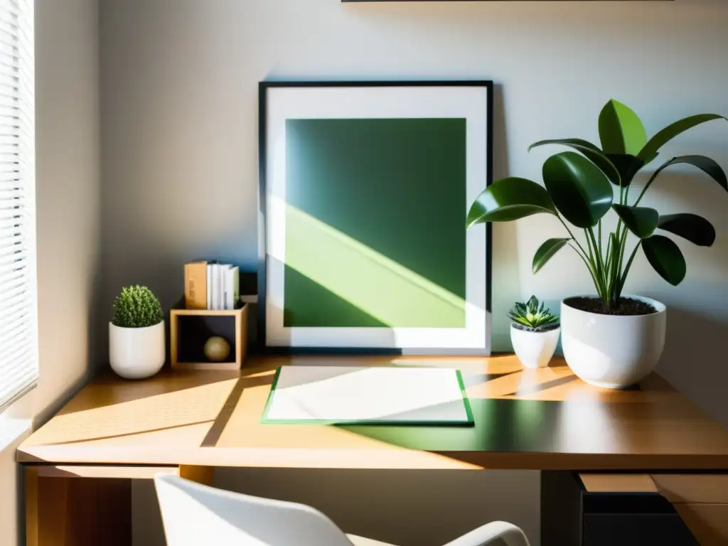 Un espacio de estudio sereno y minimalista con un escritorio elegante, una silla ergonómica y una pizca de verde de una planta