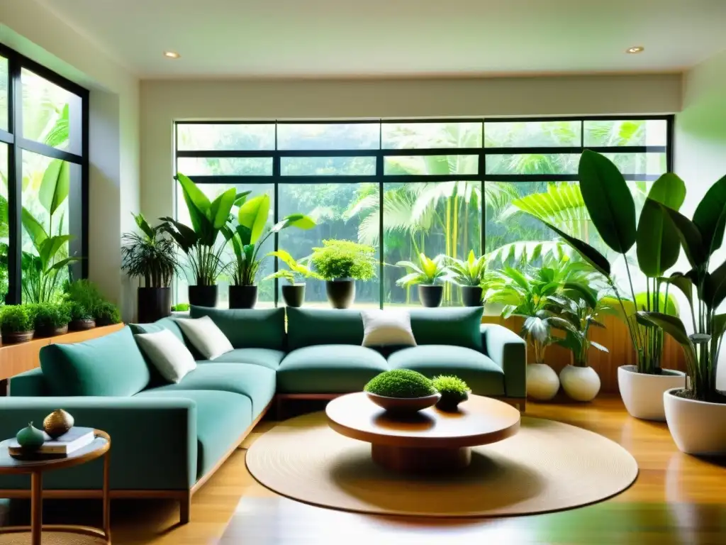 Un espacio exuberante lleno de plantas para Feng Shui, iluminado por luz natural y lleno de energía armoniosa