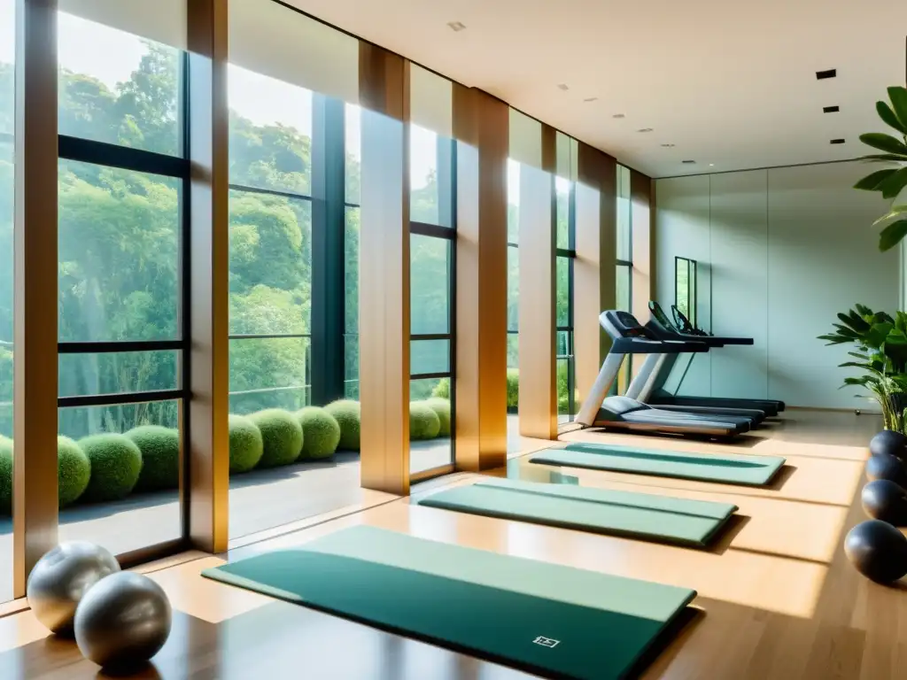 Espacio de gimnasio sereno con espejos de piso a techo, creando amplitud y tranquilidad, con uso estratégico de espejos según el Feng Shui