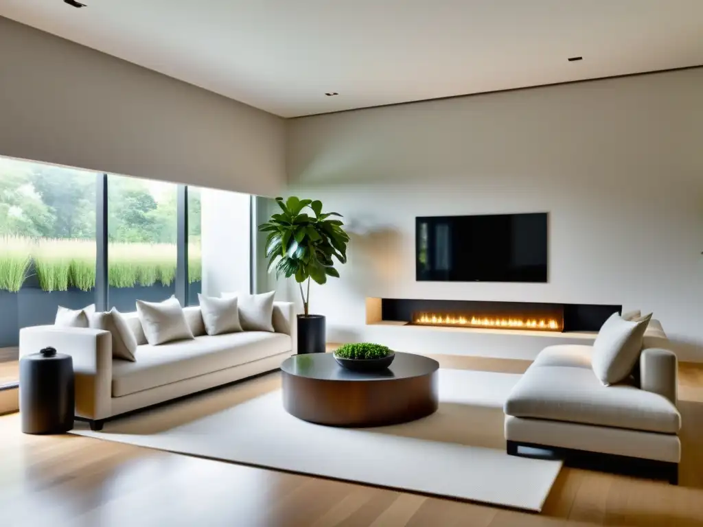 Espacio hogareño con Feng Shui aplicado, equilibrio entre modernidad y naturaleza, muebles armoniosos y luz natural