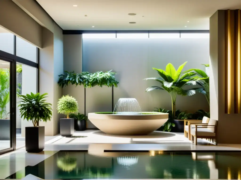 Espacio de hotel minimalista con influencia Feng Shui, transmitiendo calma y armonía