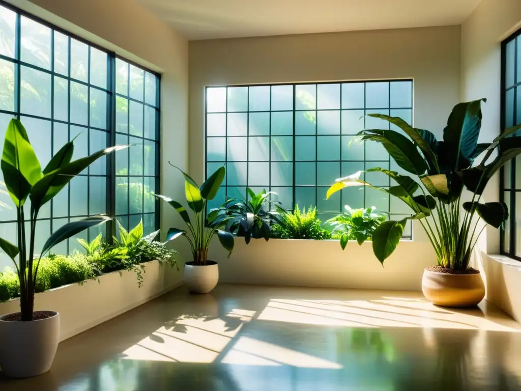 Un espacio iluminado por el sol con plantas verdes estratégicamente colocadas, purificando la energía de la casa