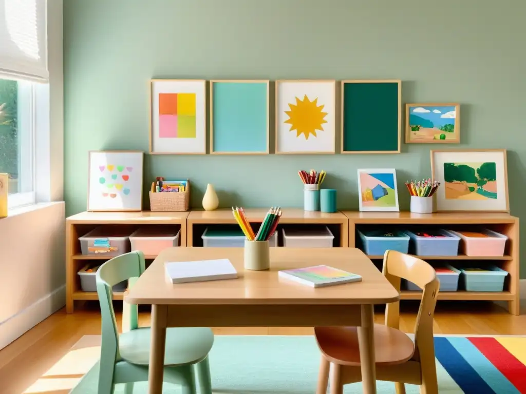 Espacio infantil luminoso con mesa de madera baja rodeada de sillas pastel