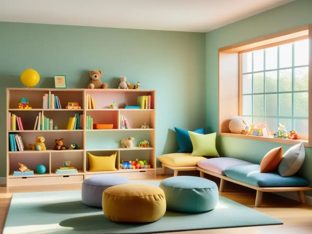 Espacio infantil minimalista con muebles de madera y libros coloridos, inspirando creatividad y calma con Feng Shui para espacios infantiles