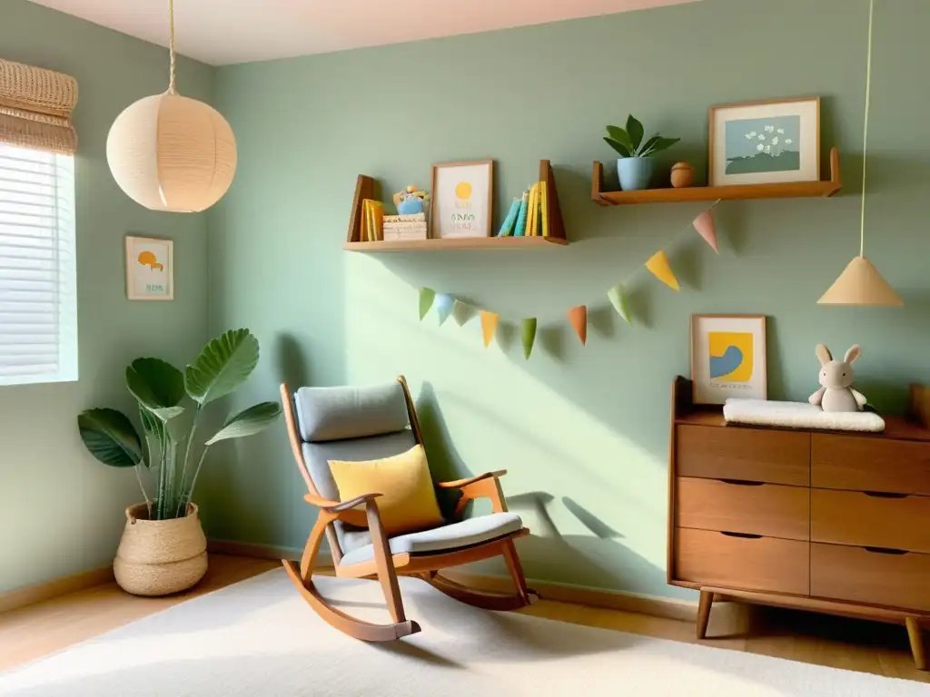 Un espacio infantil sereno y minimalista con mobiliario de madera natural y suaves tonos pastel en las paredes