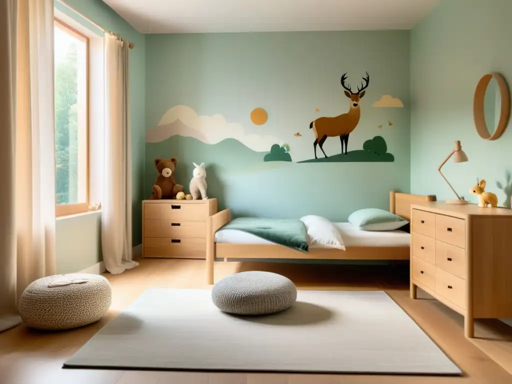 Espacio infantil sereno y minimalista, con arte y decoración Feng Shui para niños, muebles de madera natural y suaves tonos pastel