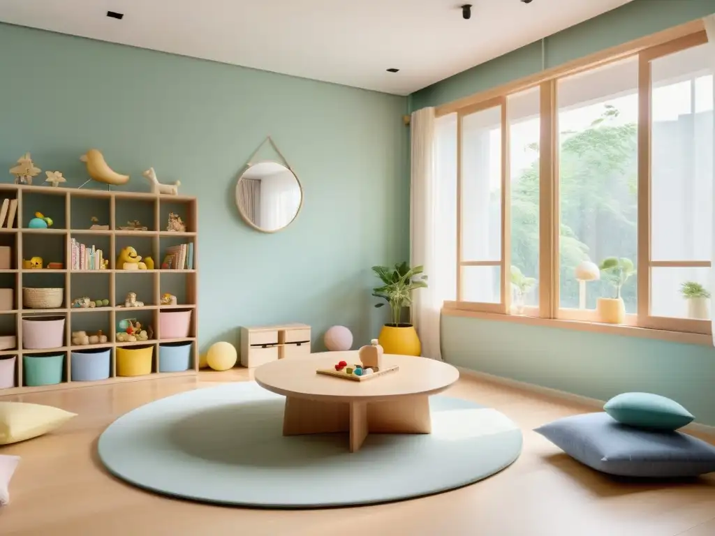 Un espacio infantil sereno y minimalista con diseño Feng Shui, libros y juguetes de madera, suave iluminación natural y almohadas en tonos pastel