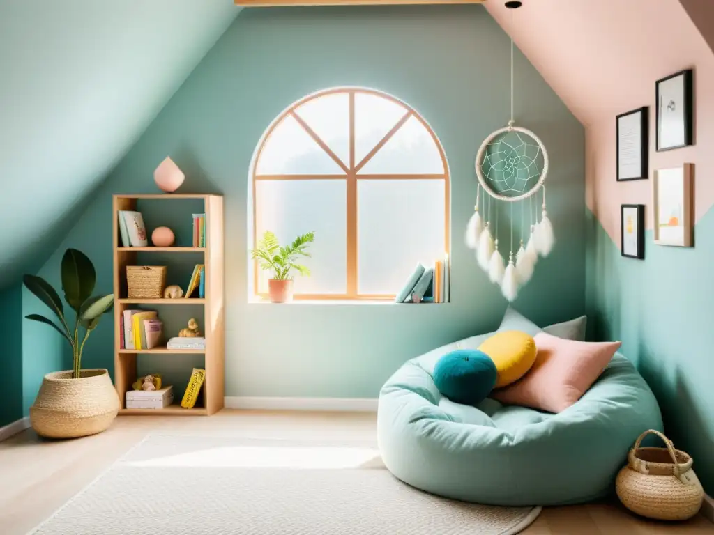 Espacio infantil sereno y minimalista con colores pastel, luz natural y rinconcito de lectura acogedor, fomentando el Feng Shui para niños creatividad