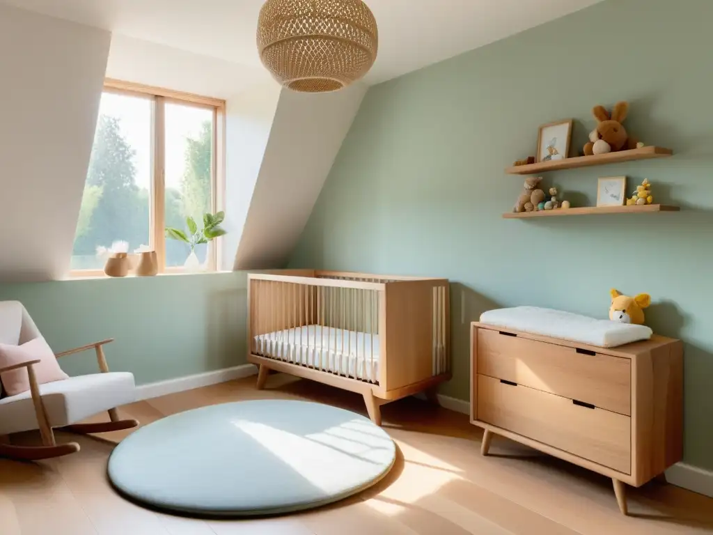 Un espacio infantil sereno y minimalista con mobiliario de madera natural y tonos pastel, bañado en luz natural