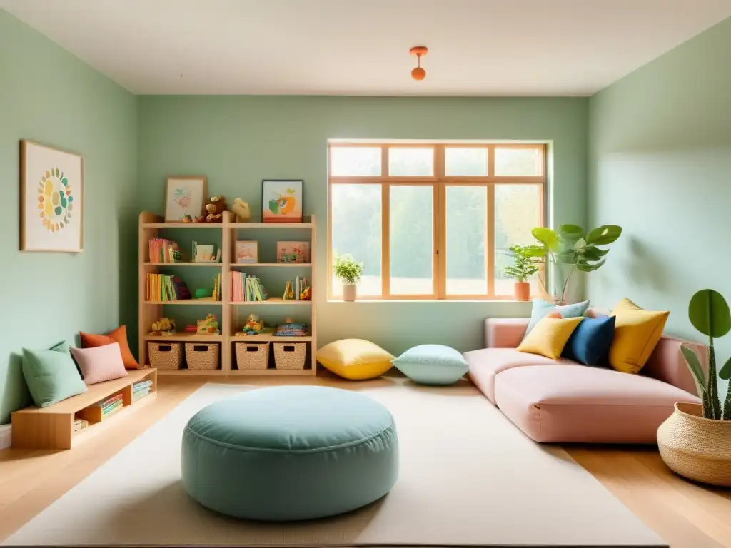 Un espacio innovador para niños feng shui: una sala de juegos espaciosa con paredes pastel, muebles de madera y mucha luz natural