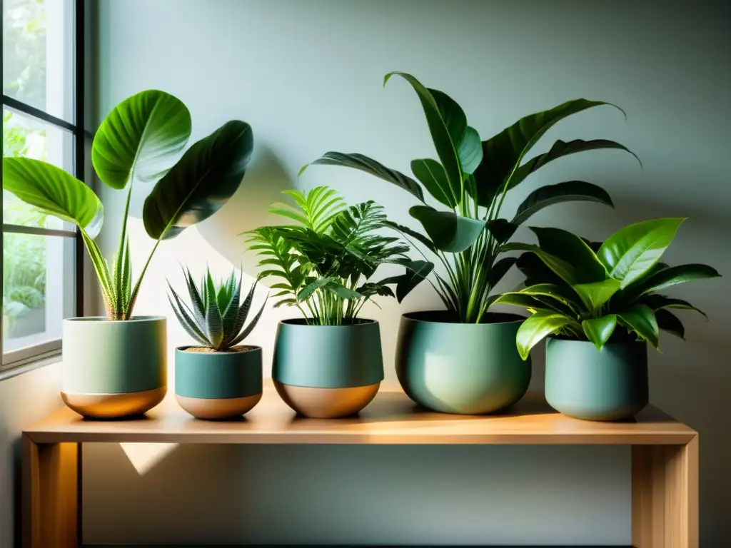 Espacio interior armonioso con plantas purificadoras feng shui mascotas en elegantes macetas, iluminado por suave luz solar