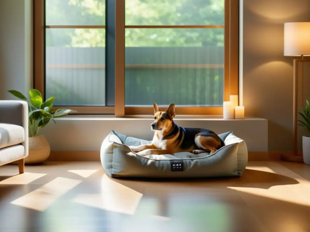 Espacio interior sereno para mascotas: cama acogedora y armonía natural Un espacio interior armonioso y tranquilo para mascotas, con Amuletos Feng Shui protección mascotas