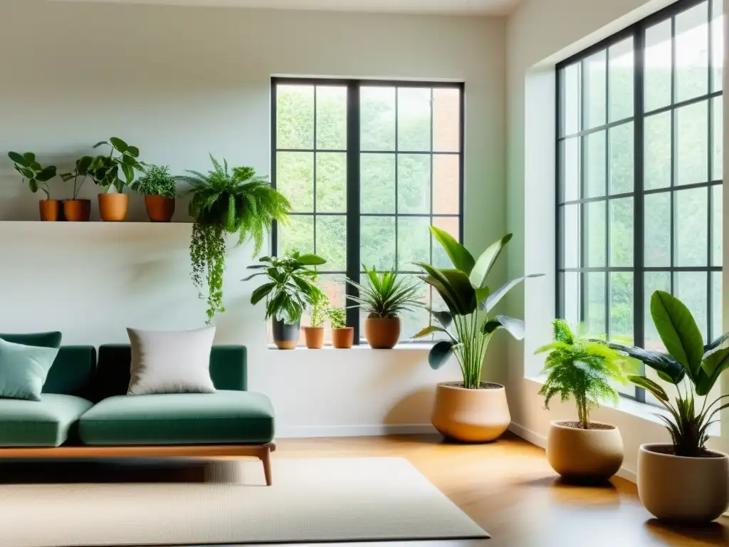 Un espacio interior iluminado con plantas de interior en Feng Shui, creando armonía y serenidad con su toque de verdor