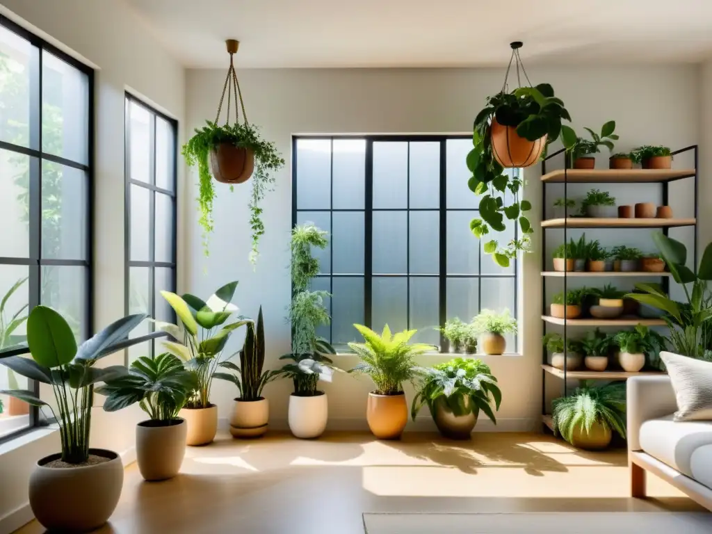 Un espacio interior minimalista con plantas cuidadosamente dispuestas, creando armonía y serenidad con la naturaleza