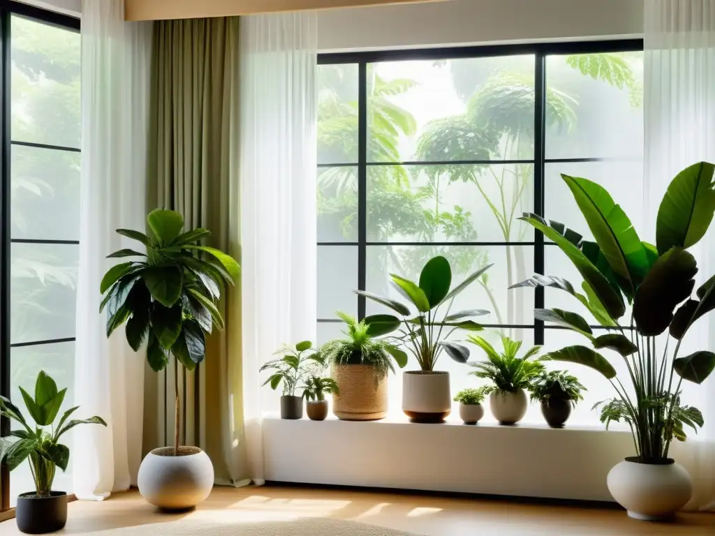 Un espacio interior sereno con diseño minimalista y armonía Feng Shui en plantas de interior