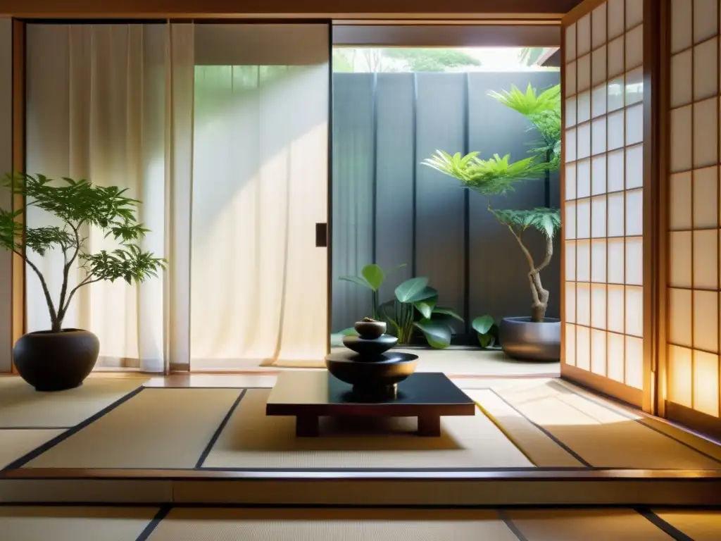 Un espacio interior sereno y equilibrado con plantas, fuente y decoración japonesa