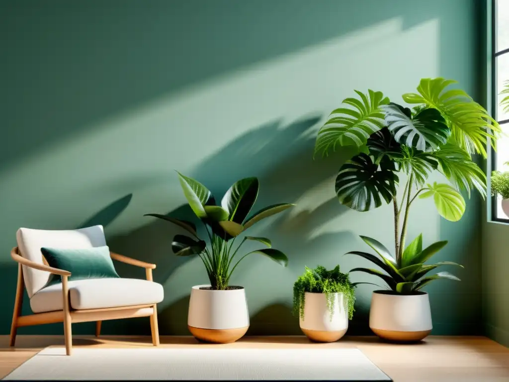 Un espacio interior sereno y equilibrado con plantas de interior para Feng Shui, irradiando armonía y tranquilidad