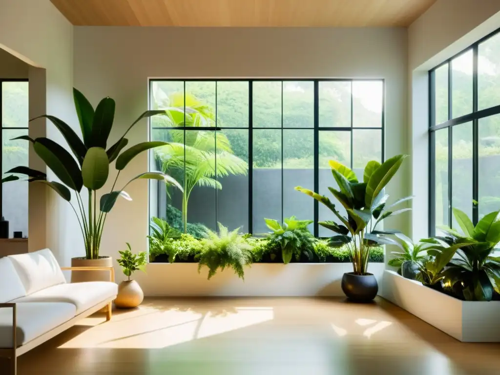 Un espacio interior sereno y minimalista con plantas verdes exuberantes estratégicamente colocadas para atraer prosperidad según el Feng Shui