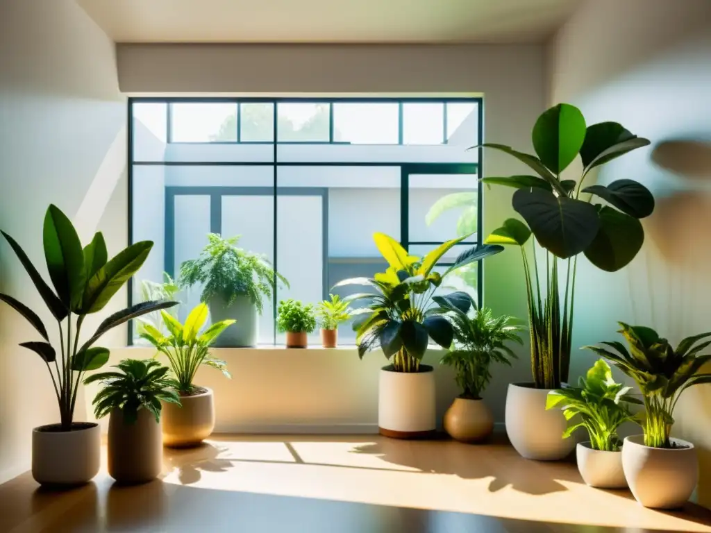 Un espacio interior sereno y minimalista con plantas verdes exuberantes que aportan equilibrio y armonía al hogar