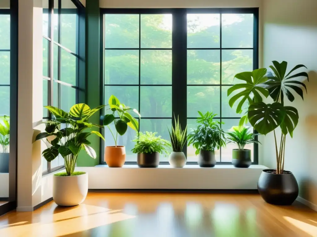 Un espacio interior sereno y minimalista con plantas en armonía con el ciclo natural, creando un ambiente equilibrado y pacífico