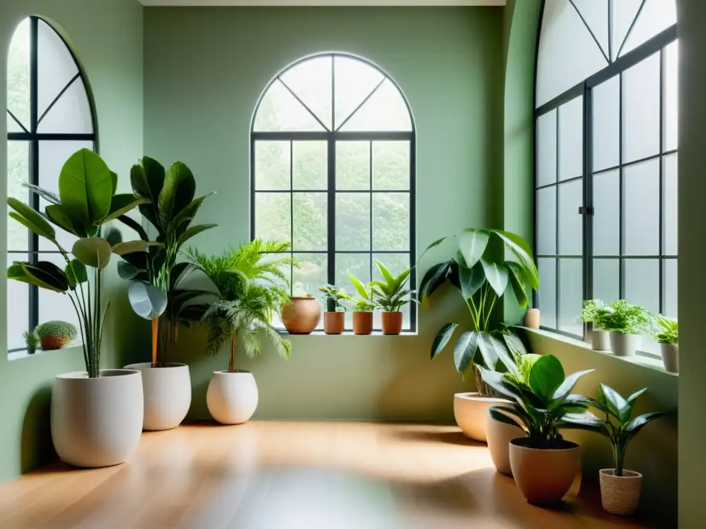 Un espacio interior sereno y minimalista con una cuidadosa disposición de plantas verdes en macetas, creando armonía y tranquilidad