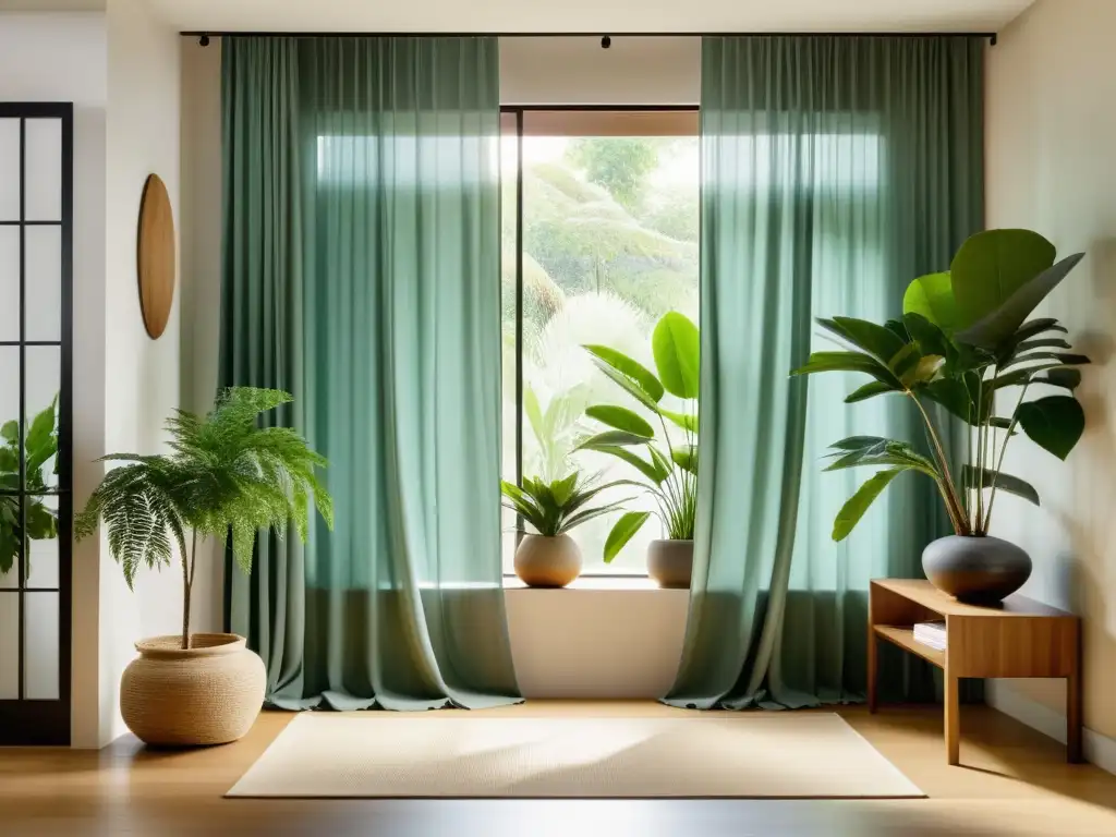 Un espacio interior sereno y minimalista con plantas, luz natural y armonía Feng Shui en reciclaje sostenible