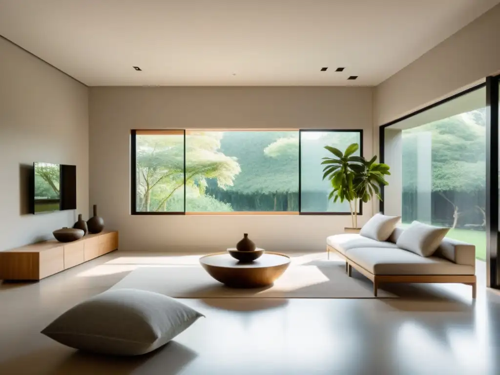 Un espacio interior sereno y minimalista con muebles y decoración al estilo Feng Shui